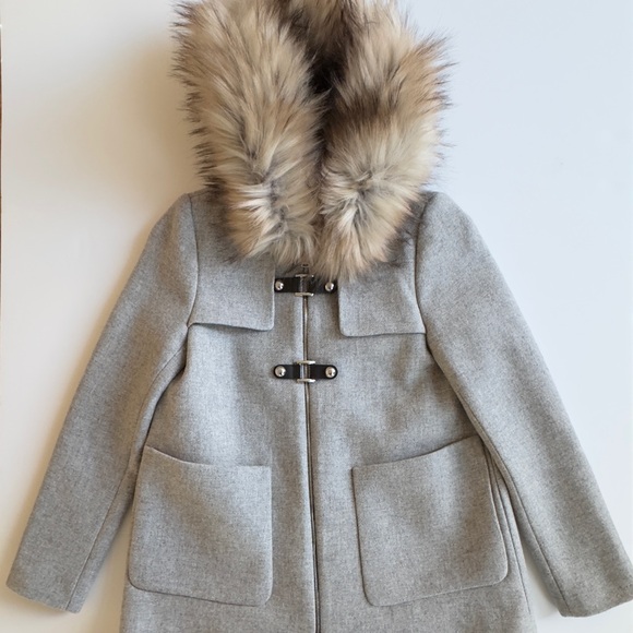 Zara Women's Gray Fur-Trimmed Wool Blend Coat Size Small - Picture 2 of 8